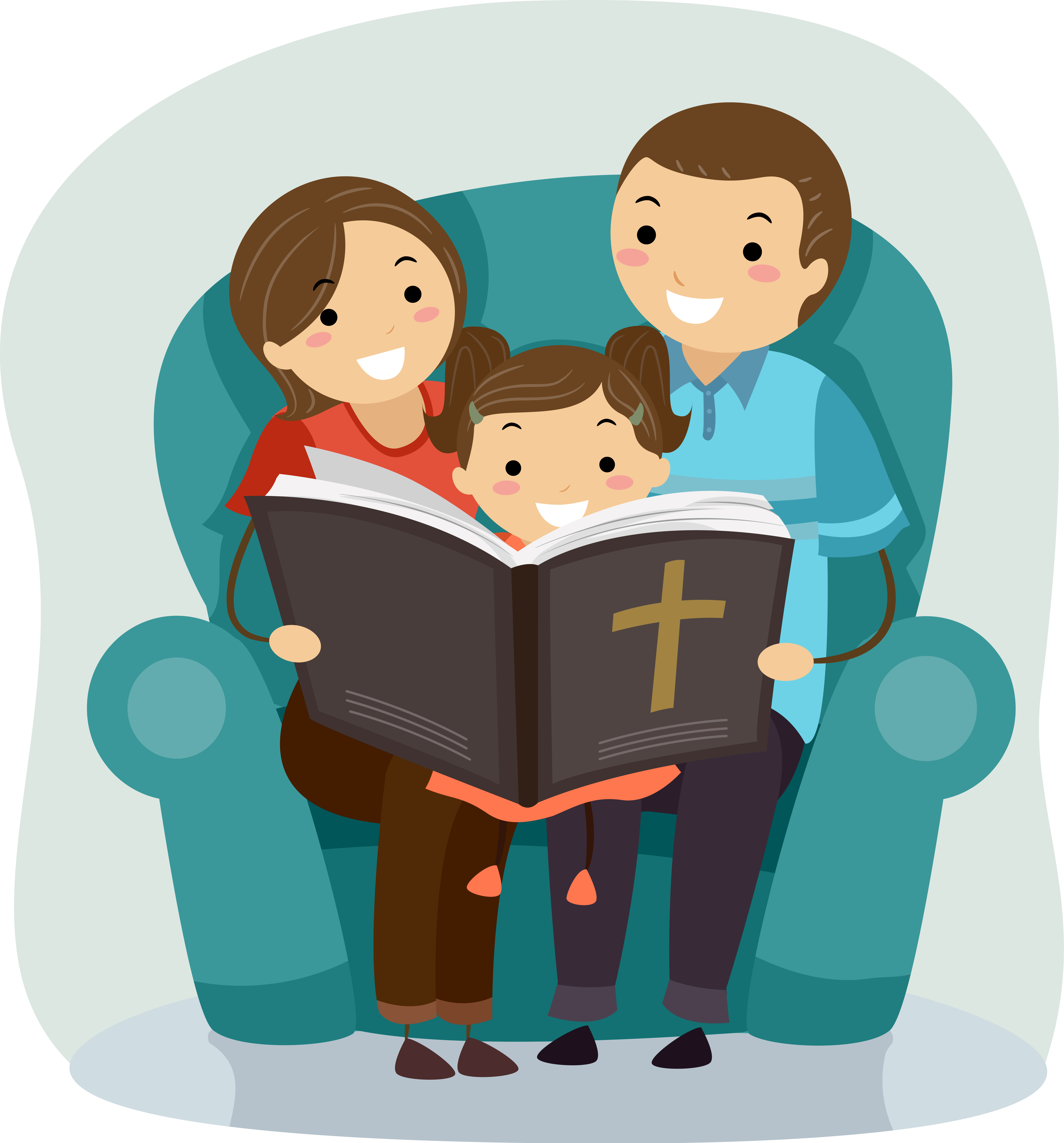 Дети с родителями читают Библию с иллюстрациями